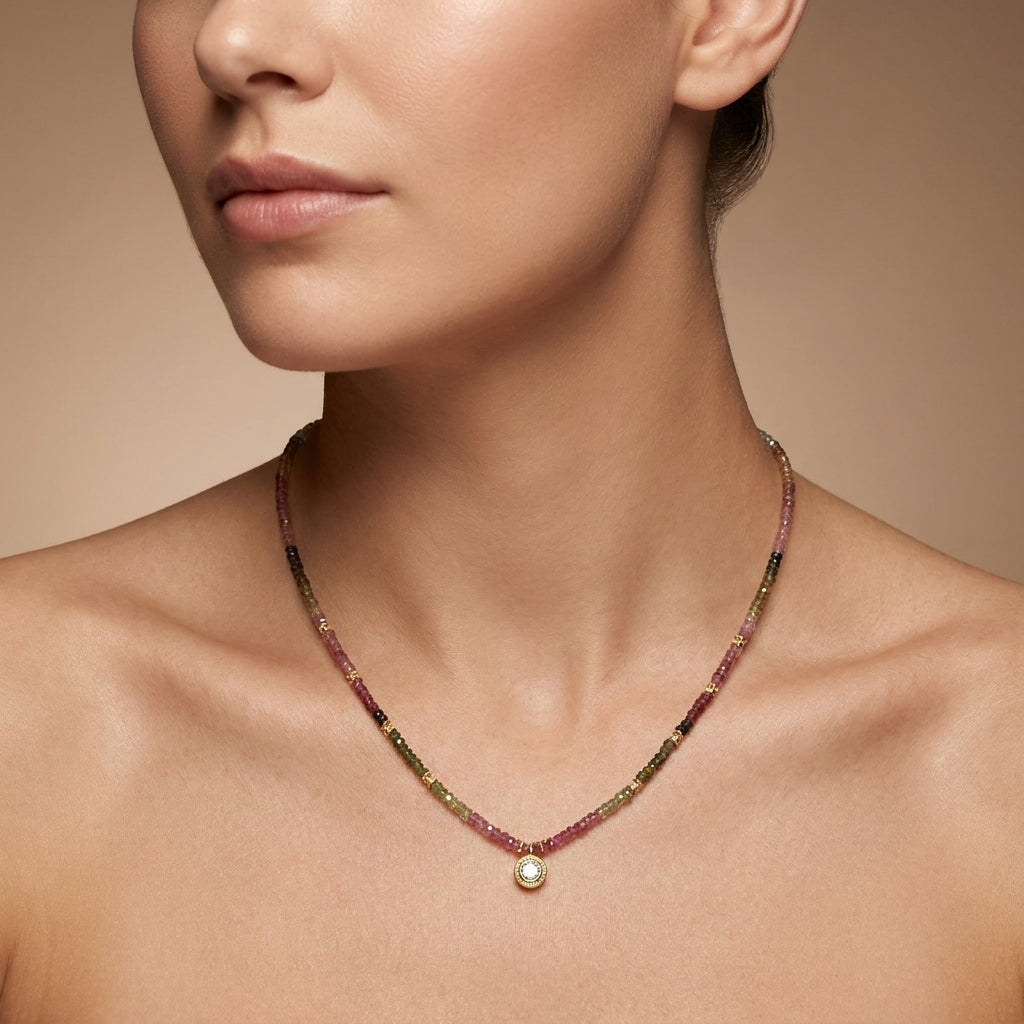 Natural Tourmaline Rondelle Beaded Necklace with Rose Cut Diamond Pendant | Handmade Gemstone Strand Necklace for Women | October Birthstone Gift