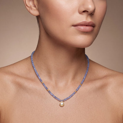 Natural Tanzanite Beaded Necklace with Rose Cut Diamond Pendant | Handmade Gemstone Pendant Necklace | December Birthstone Luxury Gift
