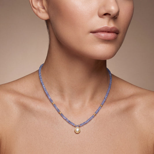 Natural Tanzanite Beaded Necklace with Rose Cut Diamond Pendant | Handmade Gemstone Pendant Necklace | December Birthstone Luxury Gift