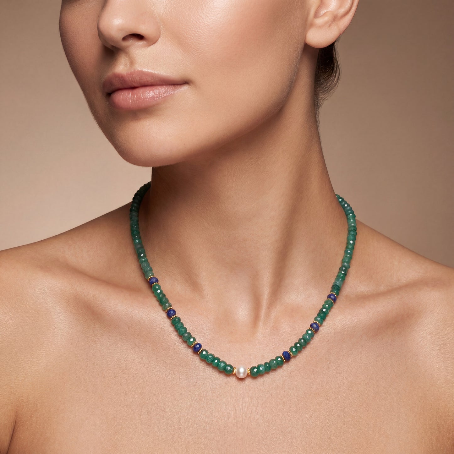 Natural Emerald Rondelle & Freshwater Pearl Beaded Necklace | Handmade Gemstone Strand Necklace for Women | May Birthstone Gift