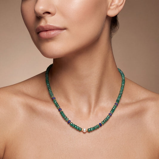 Natural Emerald Rondelle & Freshwater Pearl Beaded Necklace | Handmade Gemstone Strand Necklace for Women | May Birthstone Gift