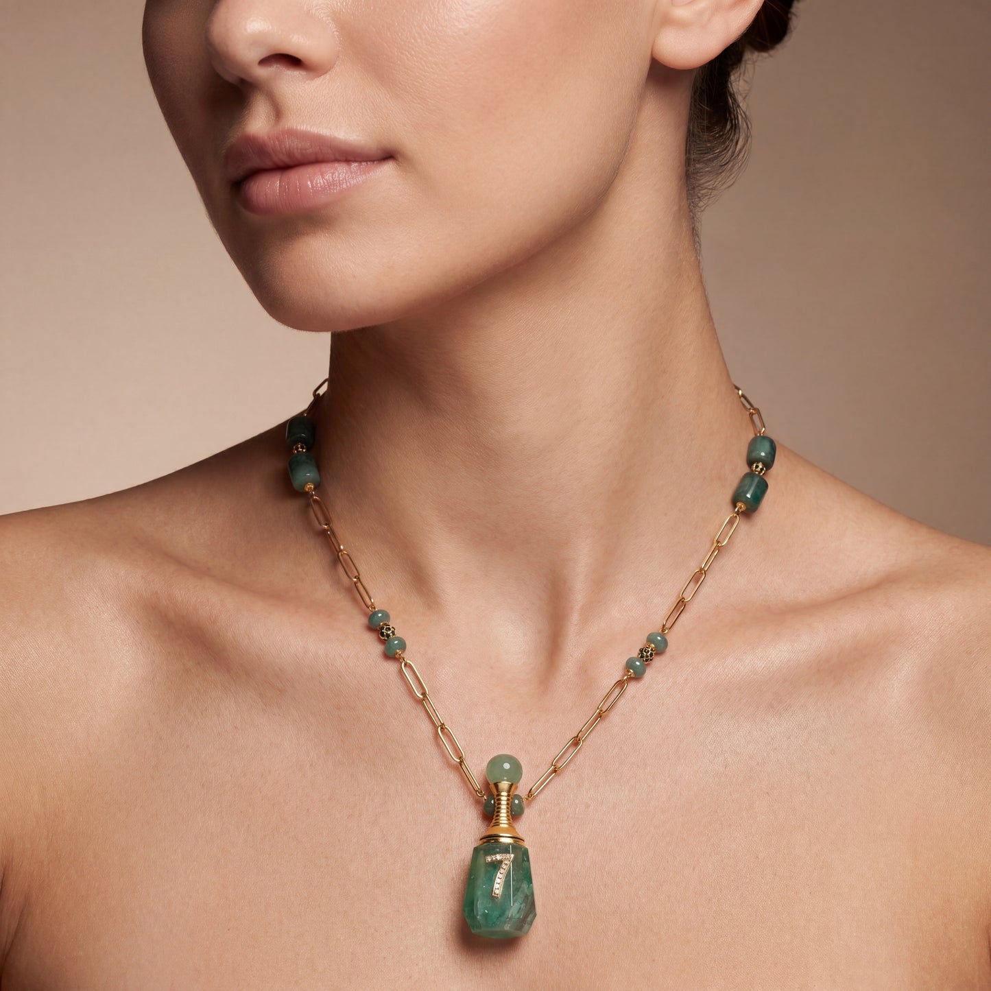 925 Sterling Silver Green Jade & Diamond Fancy Minimalist Necklace