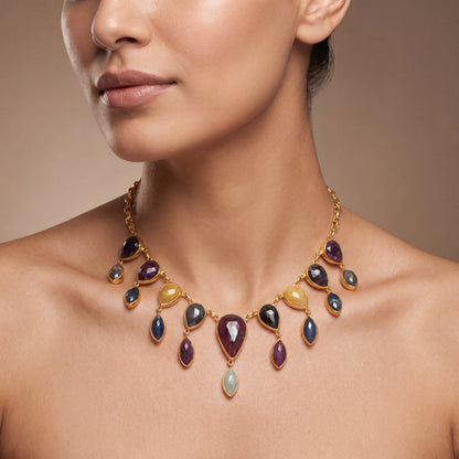 925 Sterling Silver Natural Multi-Sapphire Pear and Marquise Necklace 20"