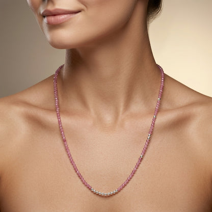 Natural Pink Tourmaline Beaded Necklace | Handmade Rose-Pink Gemstone Strand Necklace for Women | October Birthstone Gift