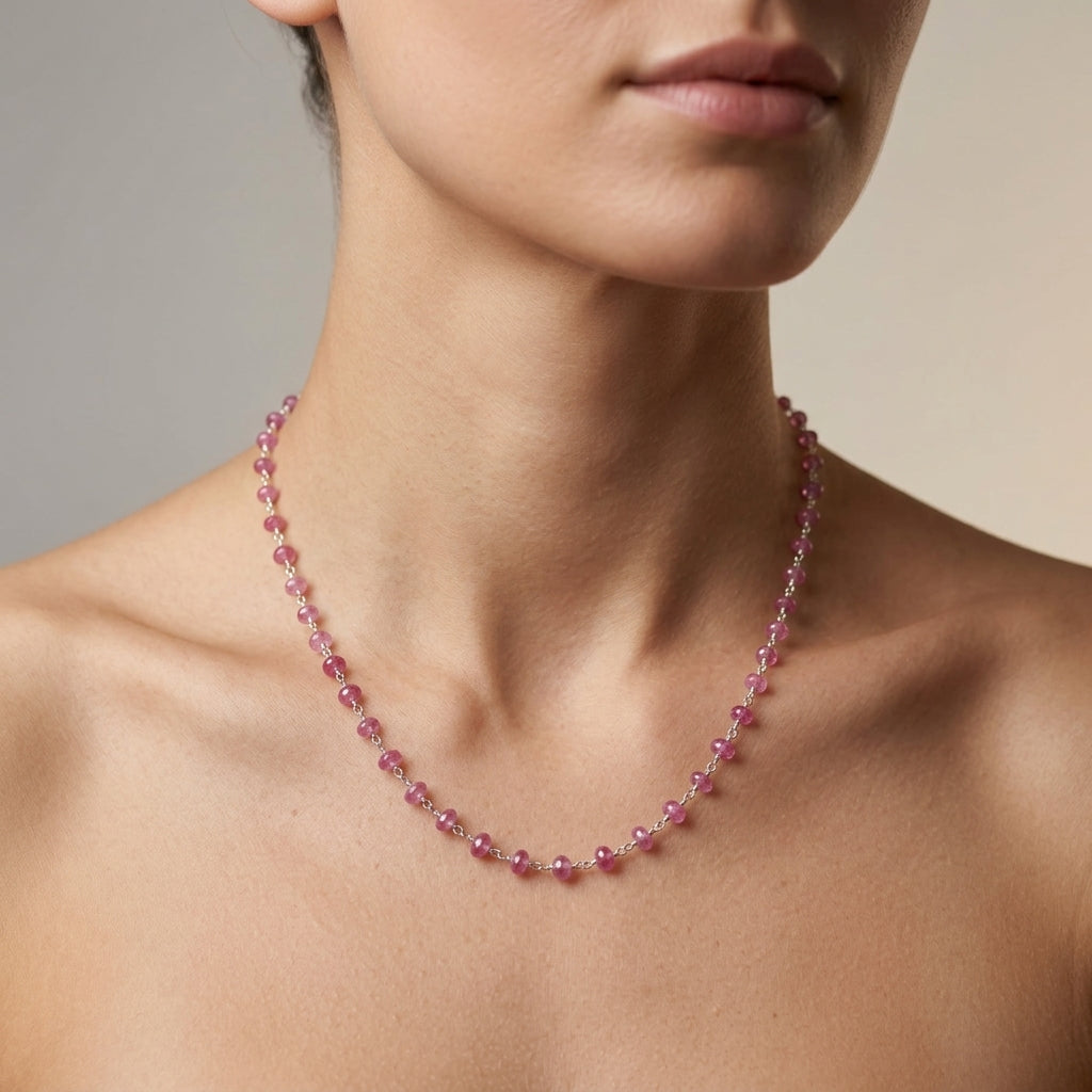 Natural Ruby Beaded Sterling Silver Chain Necklace | Handmade Dainty Gemstone Layering Necklace | July Birthstone Gift