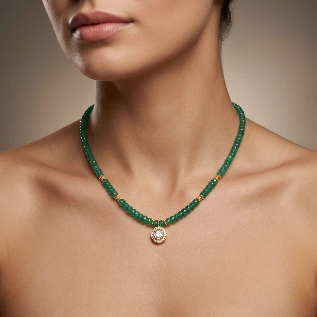 Natural Faceted Emerald Beaded Gold-Plated Necklace | Handmade Green Gemstone Strand Necklace for Women | May Birthstone Luxury Gift