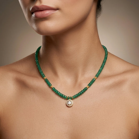 Natural Faceted Emerald Beaded Gold-Plated Necklace | Handmade Green Gemstone Strand Necklace for Women | May Birthstone Luxury Gift