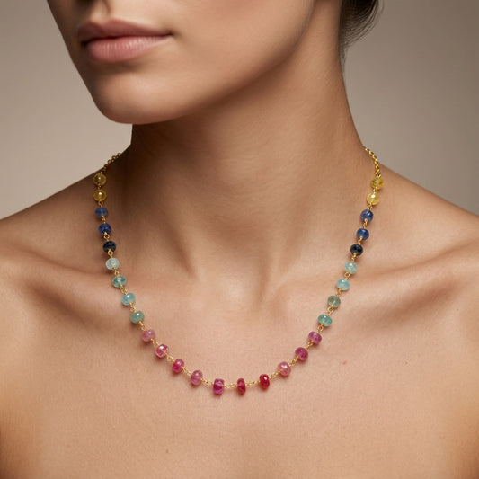 Natural Multi-Color Sapphire 5mm Gold-Plated Beaded Necklace | Handmade Rainbow Sapphire Strand Necklace | September Birthstone Gift