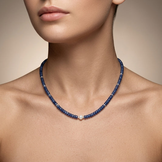 Natural Blue Sapphire Faceted Beaded Necklace | Handmade Gemstone Strand Necklace for Women | September Birthstone Gift