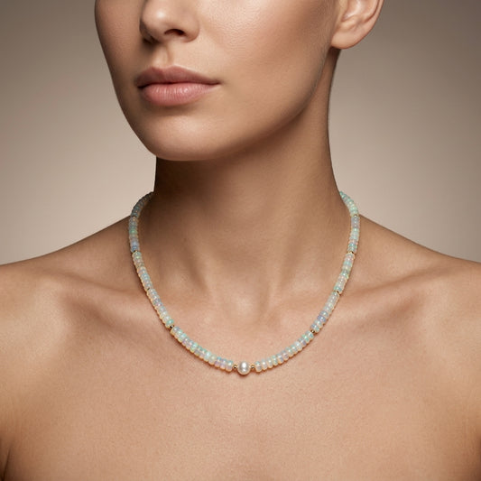 Natural Ethiopian Opal & Freshwater Pearl Beaded Necklace | Handmade Gemstone Strand Necklace for Women | October Birthstone Gift