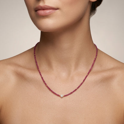 Natural Ruby & Pearl Beaded Necklace | Handmade Gemstone Strand Necklace for Women | July Birthstone Gift