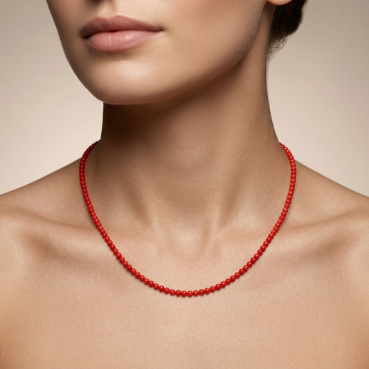Natural Red Coral Beaded Necklace | Handmade Dainty Gemstone Strand Necklace for Women | Elegant Gift