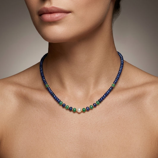 Natural Emerald, Blue Sapphire & Pearl Beaded Necklace | Handmade Faceted Gemstone Strand Necklace for Women | Birthstone Gift