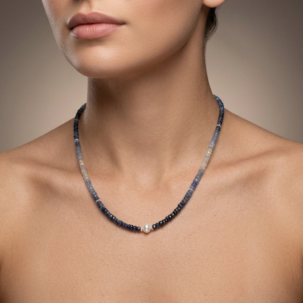 Natural Shaded Blue Sapphire & Pearl Faceted Beaded Necklace | Handmade Gemstone Strand Necklace for Women | September Birthstone Gift