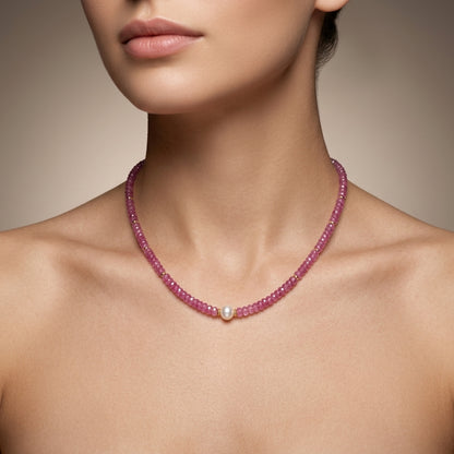 Natural Ruby Faceted Beaded Necklace with Pearl | Handmade Gemstone Strand Necklace for Women | July Birthstone Gift