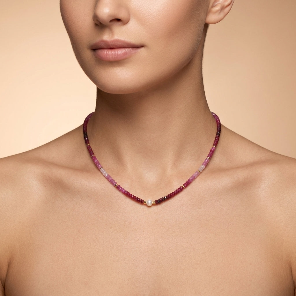 Natural Shaded Ruby Rondelle Faceted Beaded Necklace with Pearl | Handmade Gradient Ruby Strand Necklace | July Birthstone Gift