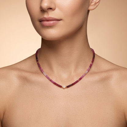 Natural Shaded Ruby Rondelle Faceted Beaded Necklace with Pearl | Handmade Gradient Ruby Strand Necklace | July Birthstone Gift