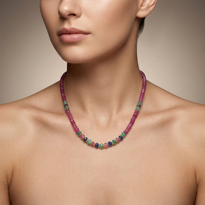 Natural Ruby, Emerald & Blue Sapphire Beaded Gold-Plated Necklace | Handmade Multi-Gemstone Strand Necklace | Precious Stone Jewelry Gift
