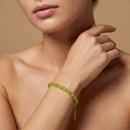 Natural Peridot Beaded Bracelet 8 Inch | Handmade Green Gemstone Bracelet for Women | August Birthstone Gift