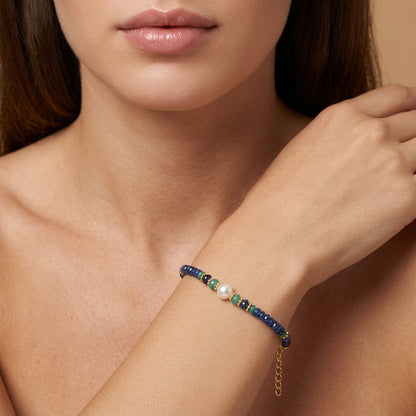 Natural Blue Sapphire & Emerald Beaded Bracelet | Handmade Multi-Gemstone Bracelet for Women | May September Birthstone Gift