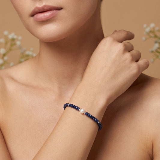 Natural Blue Sapphire & Pearl Beaded Bracelet | Handmade Gemstone Bracelet for Women | September Birthstone Gift