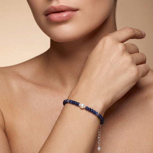 Natural Blue Sapphire & Pearl Minimalist Beaded Bracelet | Handmade Dainty Gemstone Bracelet for Women | September Birthstone Gift