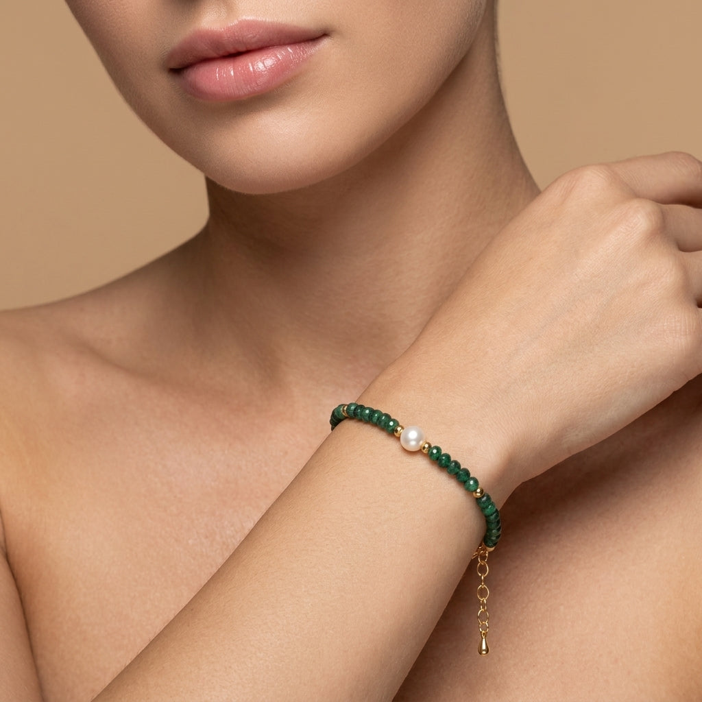 Natural Emerald & Pearl Handmade Beaded Bracelet | Gemstone Bracelet for Women | May Birthstone Elegant Gift