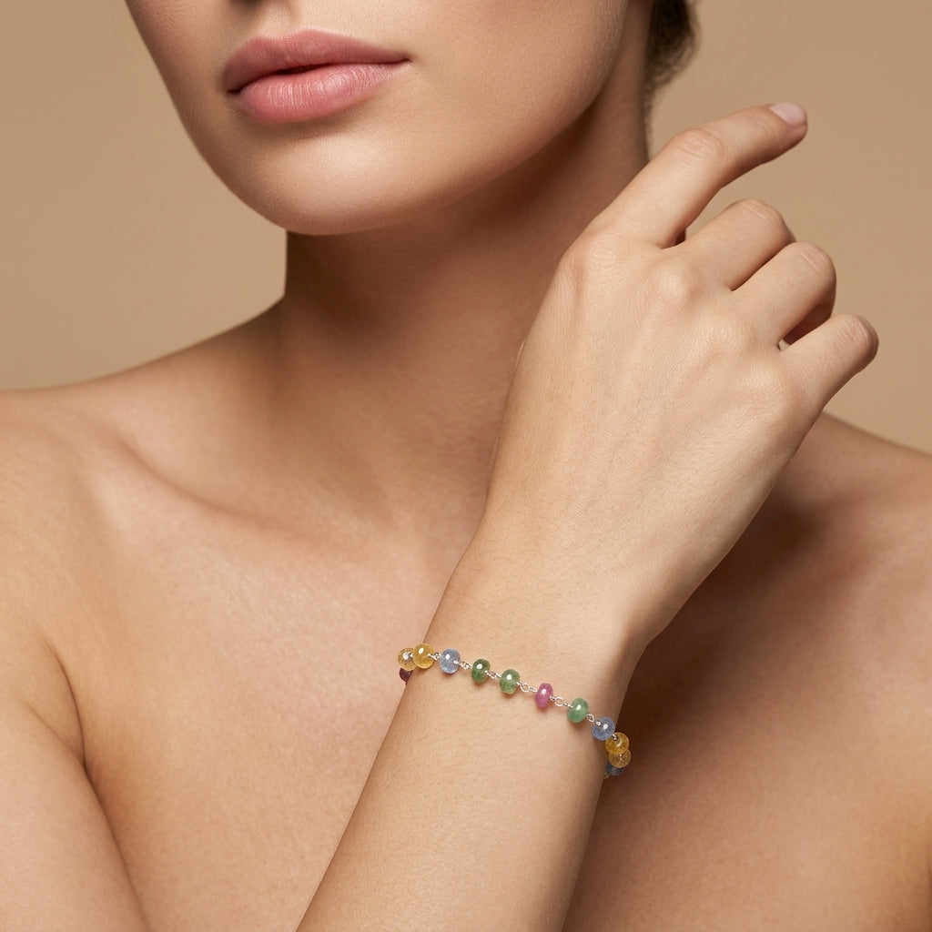 Natural Multi-Color Sapphire Beaded Bracelet | Handmade Rainbow Sapphire Bracelet for Women | September Birthstone Gift