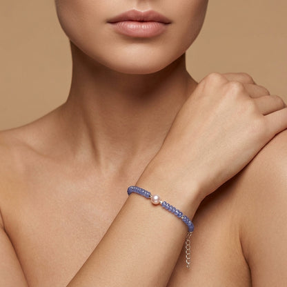 Natural Tanzanite & Pearl Beaded Bracelet | Handmade Blue Gemstone Bracelet for Women | December Birthstone Gift