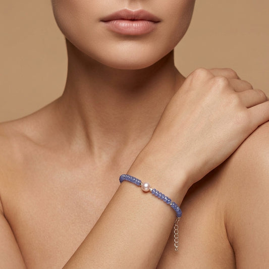 Natural Tanzanite & Pearl Beaded Bracelet | Handmade Blue Gemstone Bracelet for Women | December Birthstone Gift