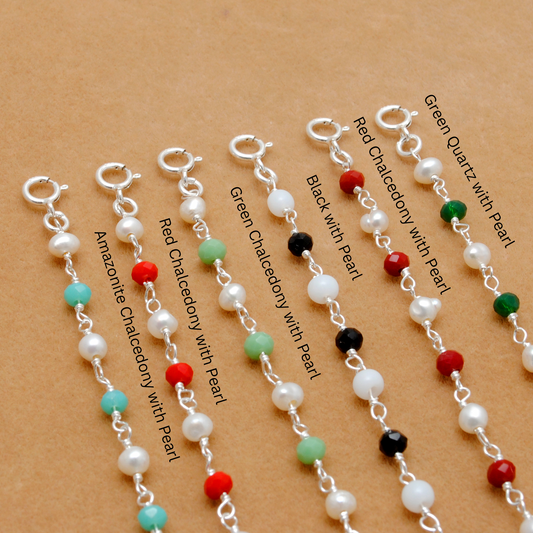 925 Silver Multi Chalcedony & Pearl Chain Bracelet – Minimalist Jewelry - Kanika Creations