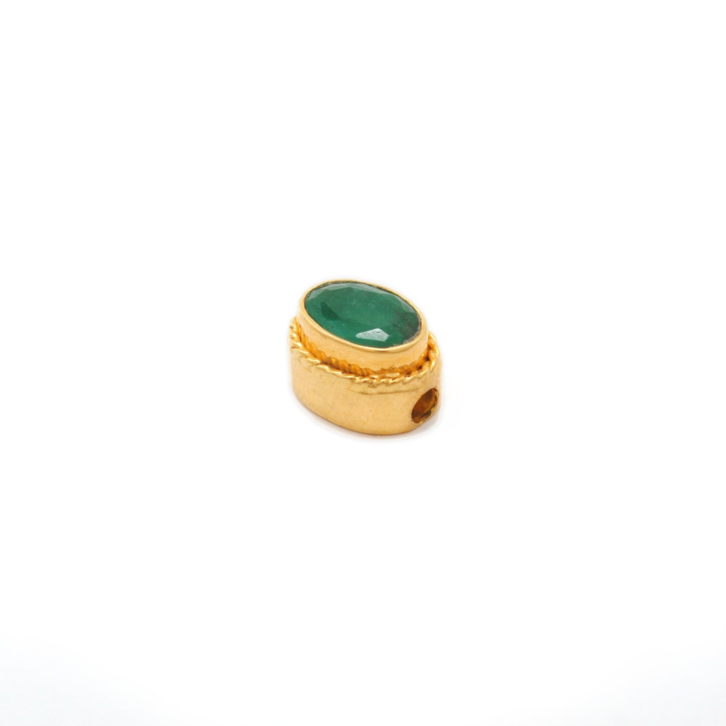 18K Solid Yellow Gold Oval Spacer Bead with Green Stone (1pc) Jewelry Finding