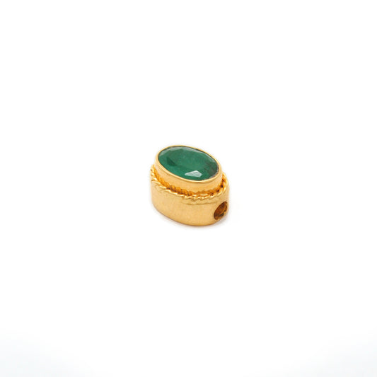 18K Solid Yellow Gold Oval Spacer Bead with Green Stone (1pc) Jewelry Finding