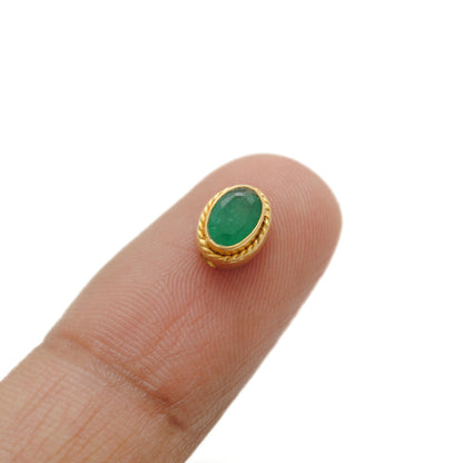 18K Solid Yellow Gold Oval Spacer Bead with Green Stone (1pc) Jewelry Finding
