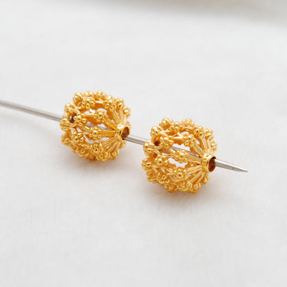 18k Solid Yellow Gold Antique Floral Spacer Beads 12mm