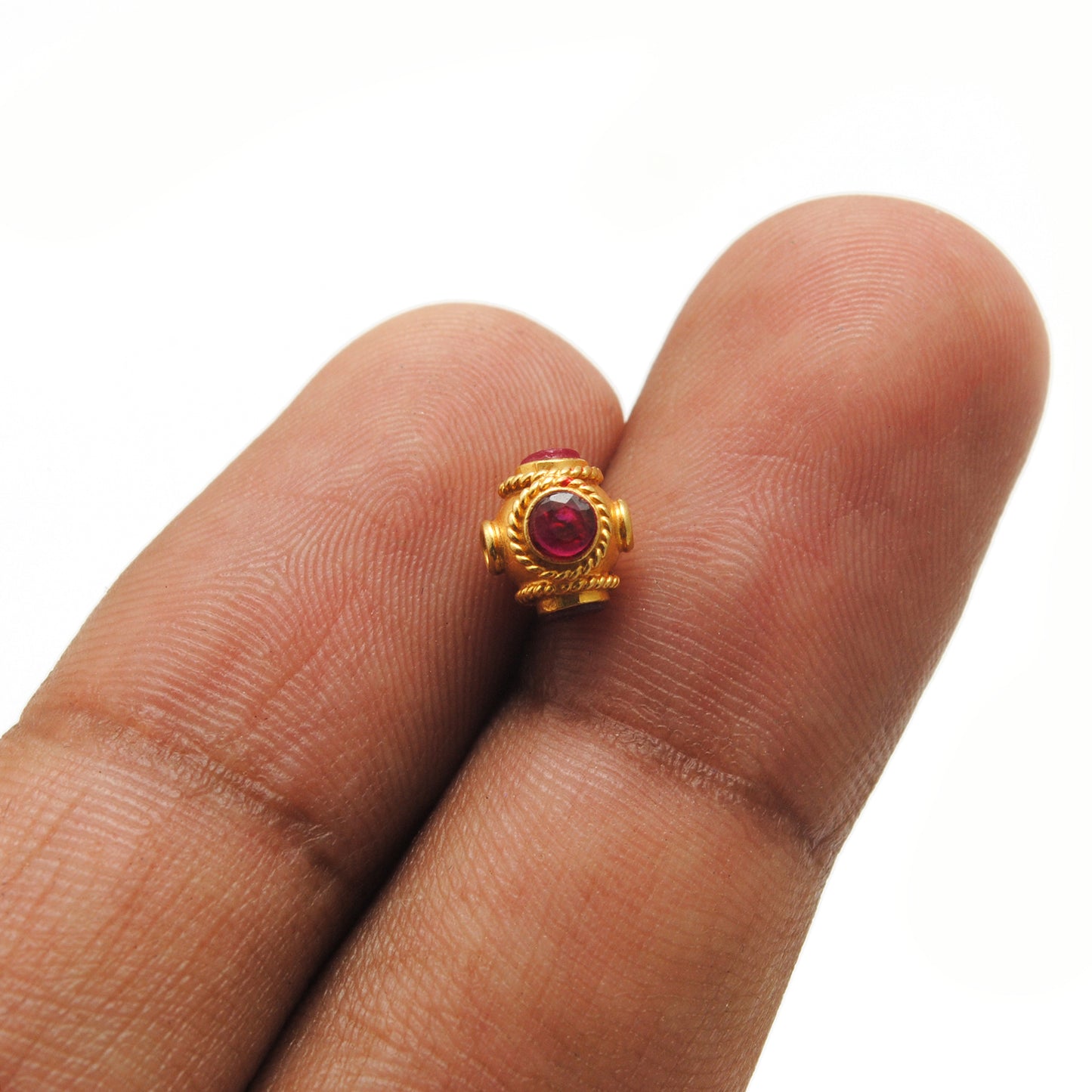 18K Solid Gold Rondelle  Ball Bead Spacer With Ruby Stone 7mm