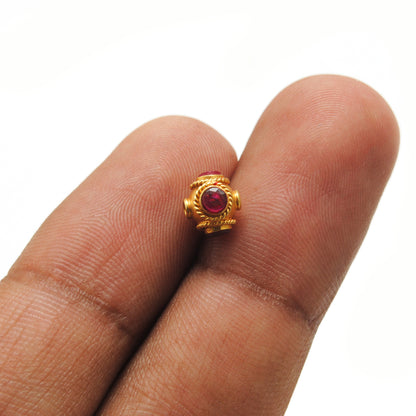 18K Solid Gold Rondelle  Ball Bead Spacer With Ruby Stone 7mm