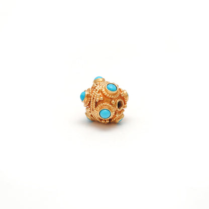 18k Solid Yellow Gold Turquoise Filigree Spacer Ball Beads