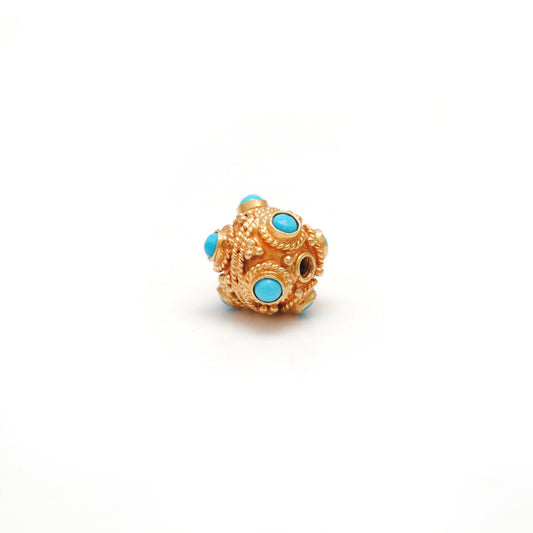 18k Solid Yellow Gold Turquoise Filigree Spacer Ball Beads