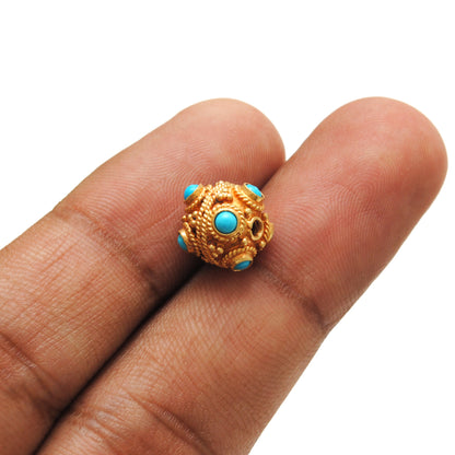 18k Solid Yellow Gold Turquoise Filigree Spacer Ball Beads