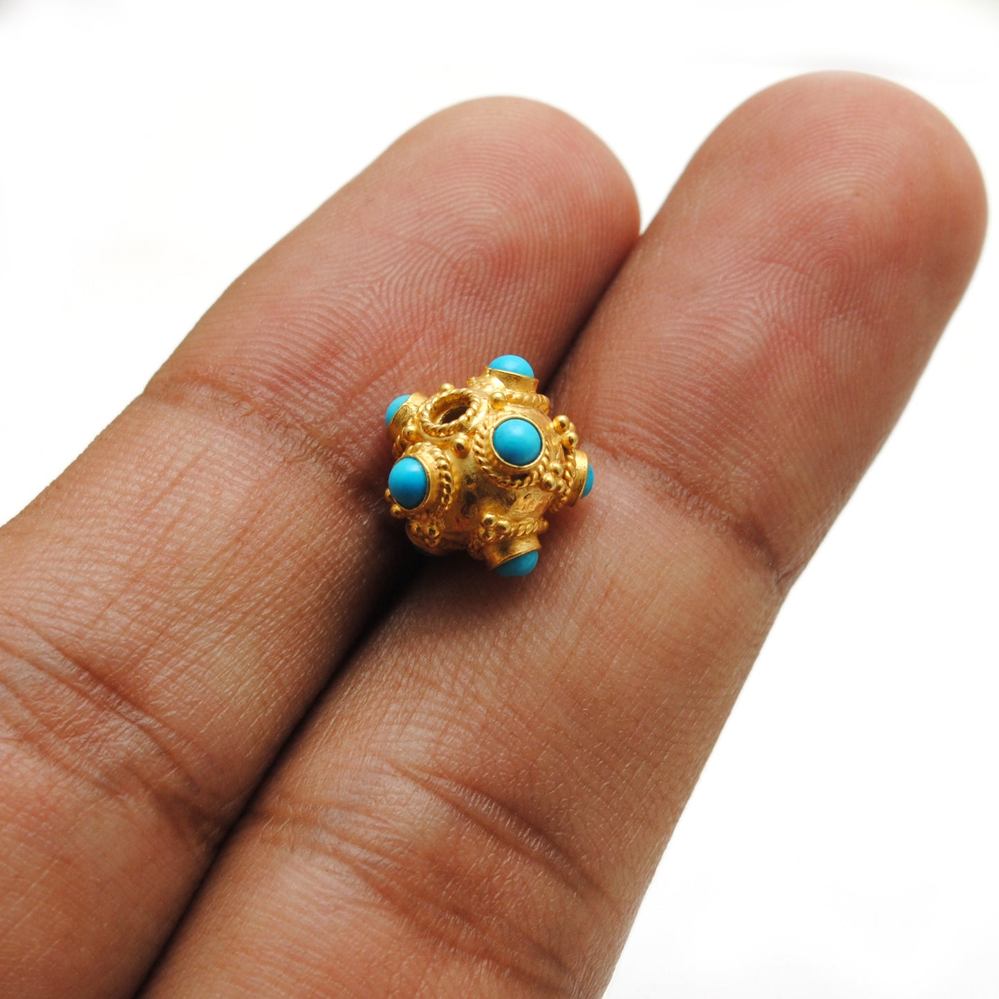 Handmade 18k Yellow Gold Turquoise Stone Spacer Ball Bead