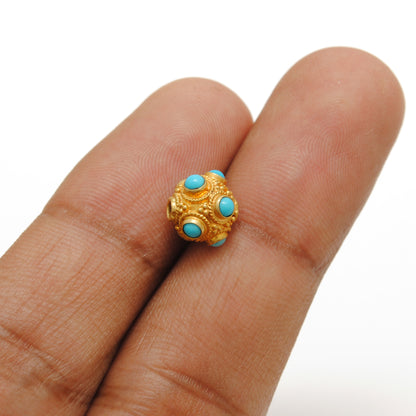 18k Solid Yellow Gold Turquoise Ball Spacer Beads 8mm