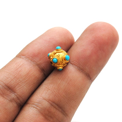 18k Solid Yellow Gold Turquoise Spacer Beads 8mm