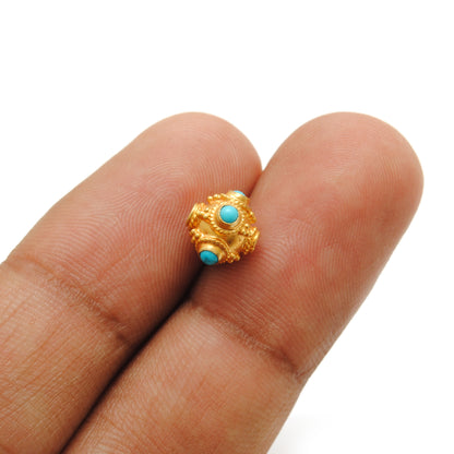 18k Solid Yellow Gold Turquoise Round Spacer Beads 7x5mm