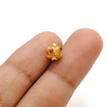 18k Solid Gold Rondelle Ball Beads With Ruby Stone 7mm