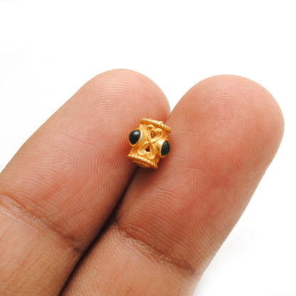 18K Solid Yellow Gold Stone Studded Tube Spacer Beads 7x4mm