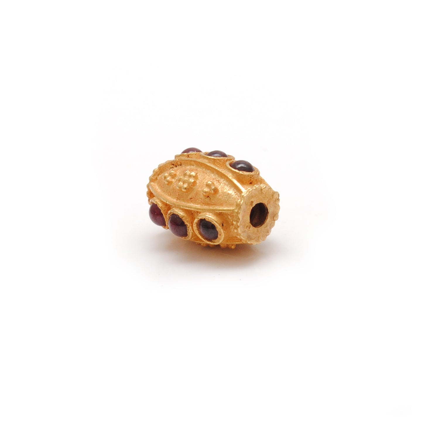 18K Solid Yellow Gold Ruby Stone Studded Fancy Beads - 12X8mm