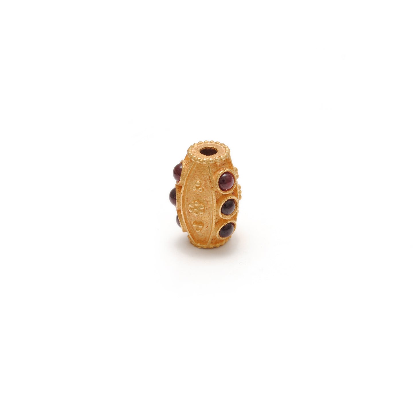 18K Solid Yellow Gold Ruby Stone Studded Fancy Beads - 12X8mm