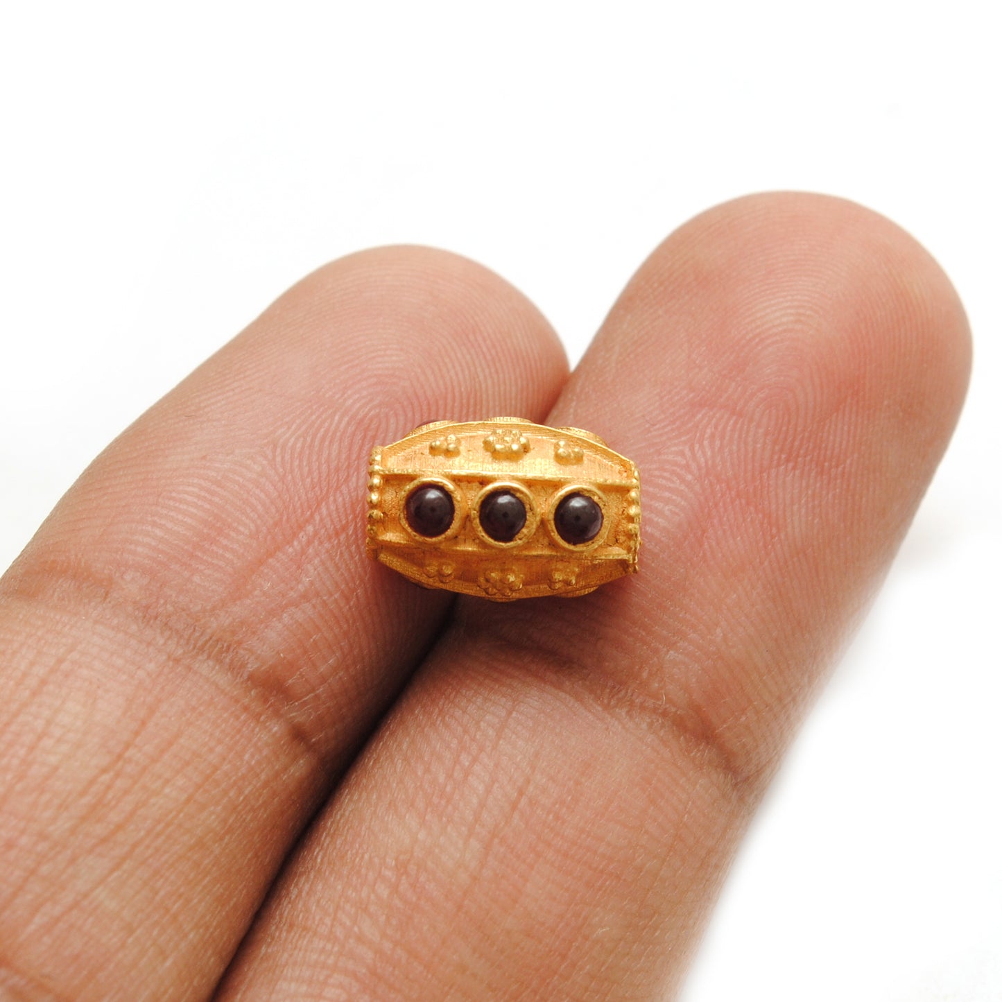 18K Solid Yellow Gold Ruby Stone Studded Fancy Beads - 12X8mm