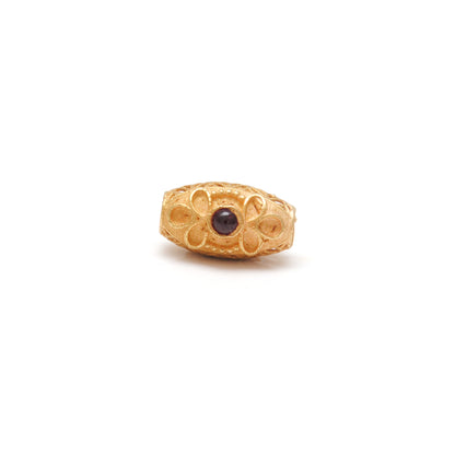 18K Solid Yellow Gold Oval Beads with Stone Inlay - 11x7.5 mm
